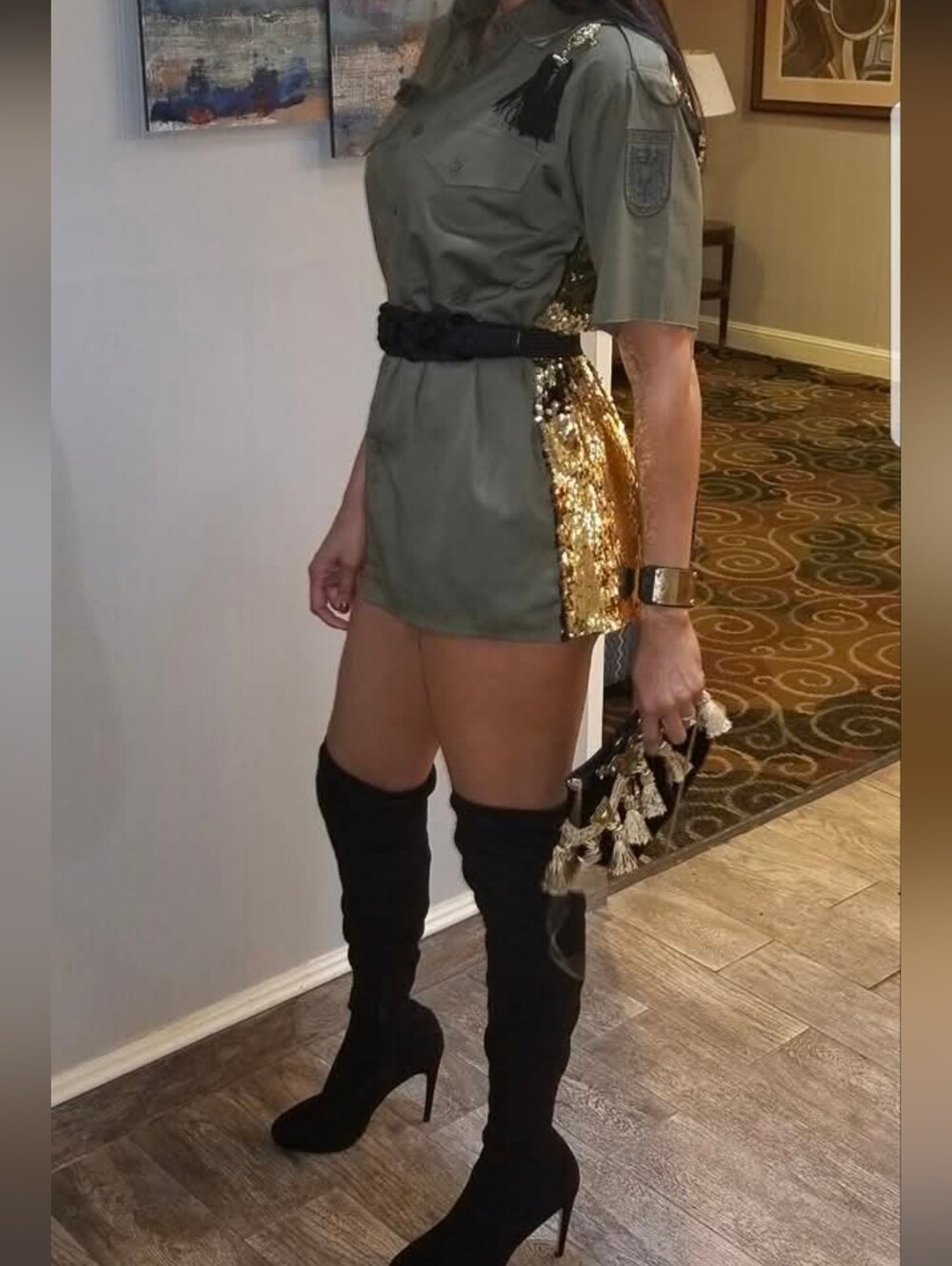 Custom Upcycled Military Sequin Back Utility Shirt In Olive/Army/ Green